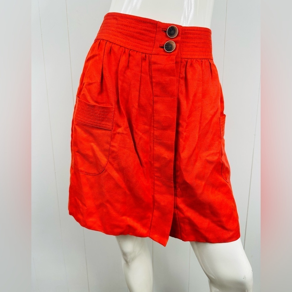 J Crew Sz 4 Linen Blend Button Front Mini Skirt Lined Pockets Pleated Orange